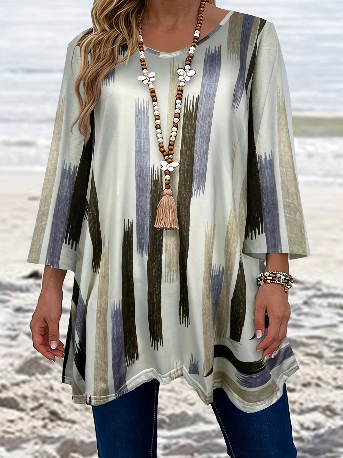 Plus Size Casual Top, Women's Plus Random Print Half Sleeve V Neck Slight Stretch Tunic Top - Deanwangkt