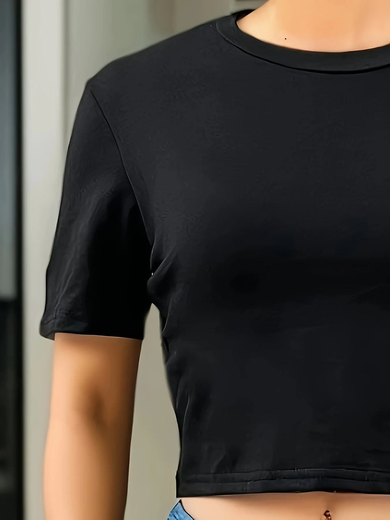 Crew Neck Skinny Cropped T-Shirt, Y2K Short Sleeve T-Shirt For Spring & Summer, Women's Clothing - Deanwangkt