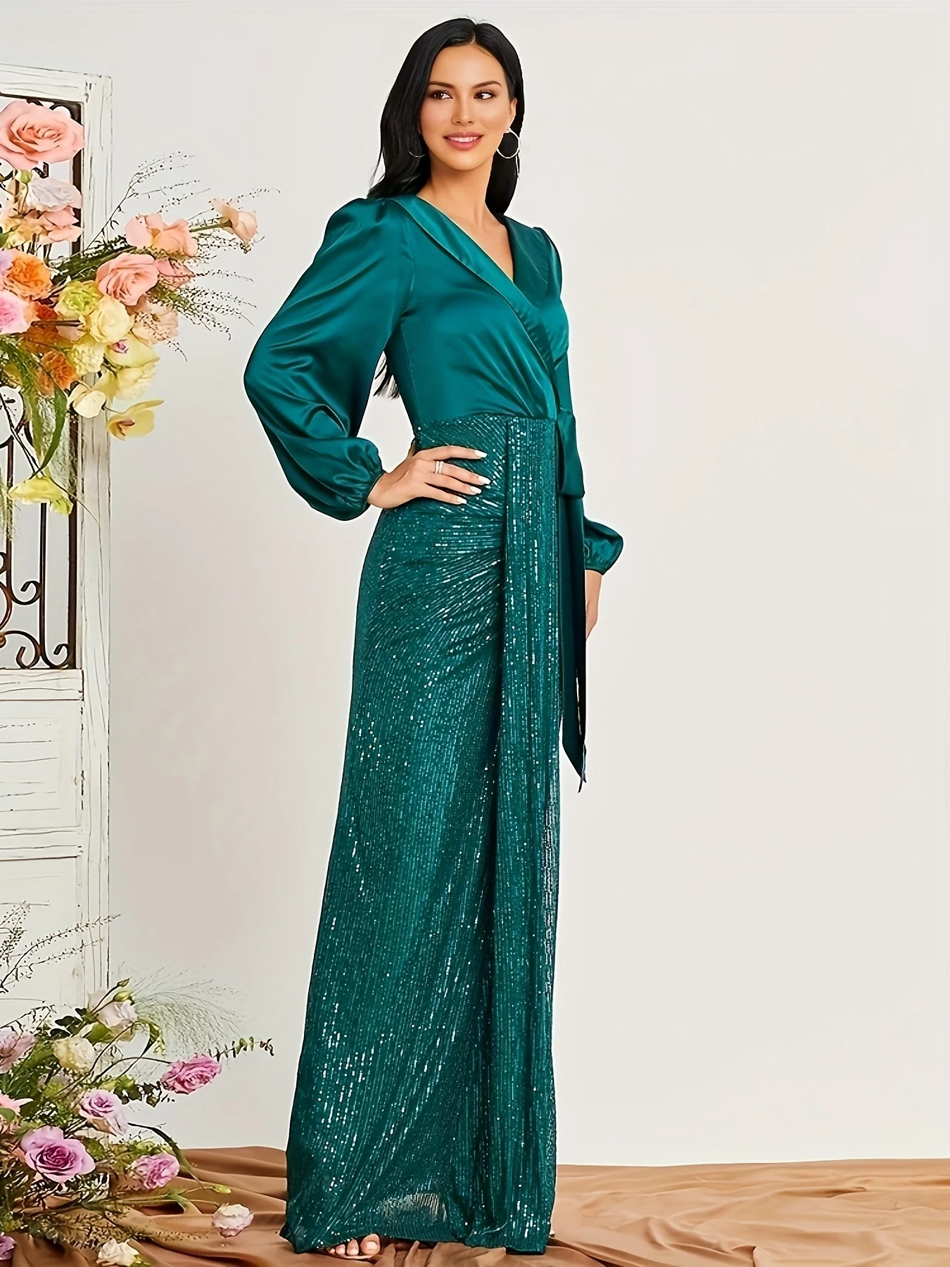 Surplice Neck Maxi Dress, Elegant Long Sleeve Party Dress, Women's Clothing - Deanwangkt