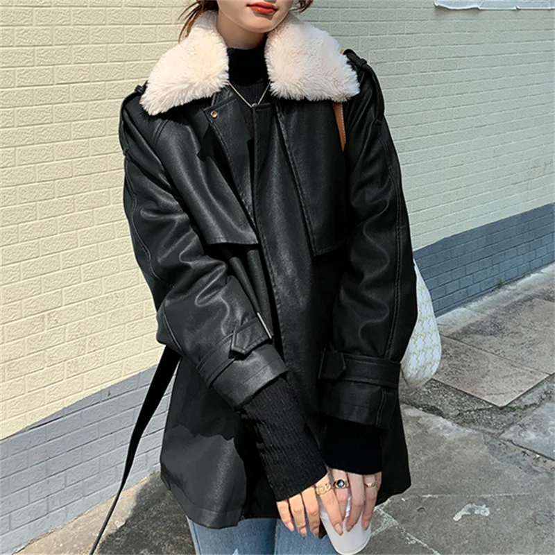 deanwangkt Leather Fur Coat Winter Jacket Women New Fall Lamb Wool Warm Locomotive Coat with Sashes Korean Fashion PU Outwear - Deanwangkt