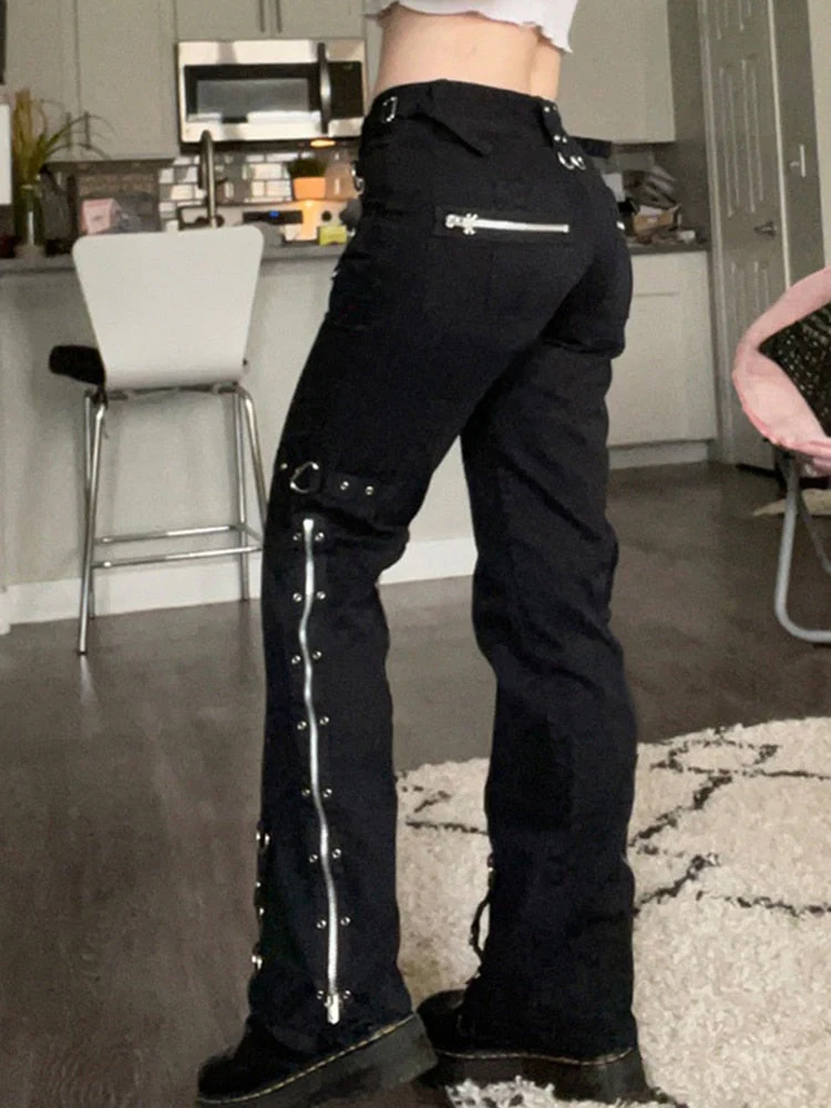 deanwangkt Emo Dark Cyber Y2k Pants Hippie Cargo Bodycon Gothic Punk Alt Baggy Jeans Rivets Black Women Goth Hip Hop Kpop Academia Pants - Deanwangkt
