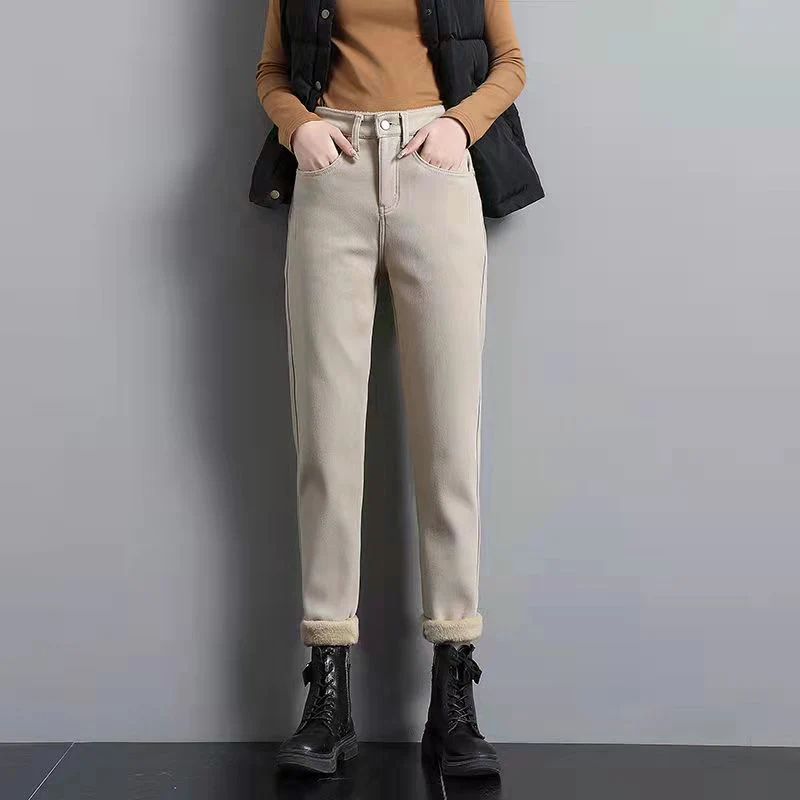 Winter fleece thick jeans women high-waist stretch slim straight Casual cargo Haren pants autumn women's fleece warm denim pants - Deanwangkt