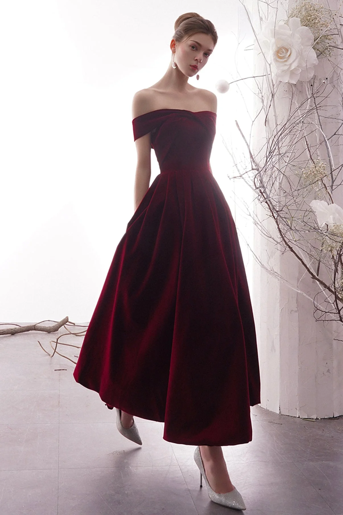 solvbao Burgundy Velvet Long Prom Dresses, Off the Shoulder Evening Dresses - Deanwangkt