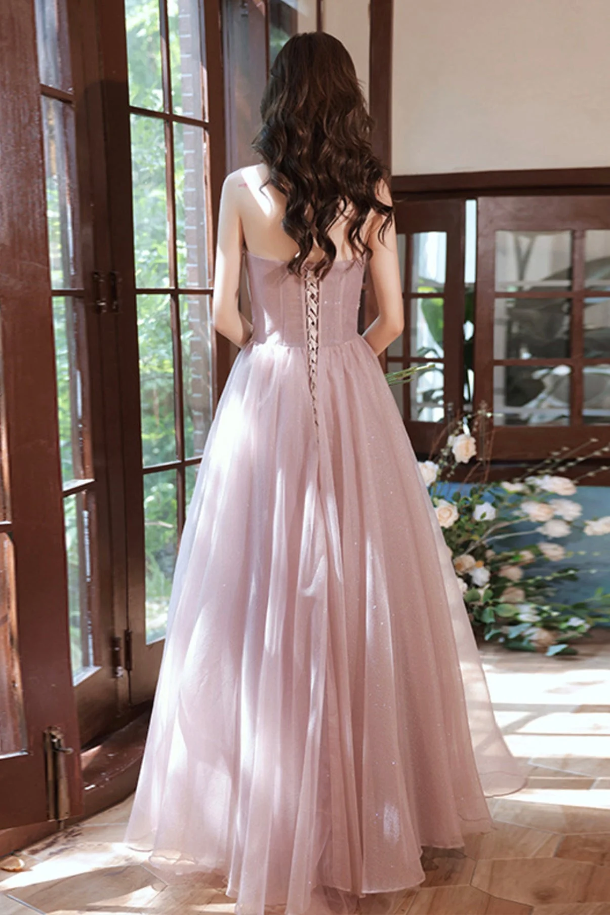 solvbao Pink Tulle Lace Long Prom Dresses, A-Line Evening Dresses - Deanwangkt