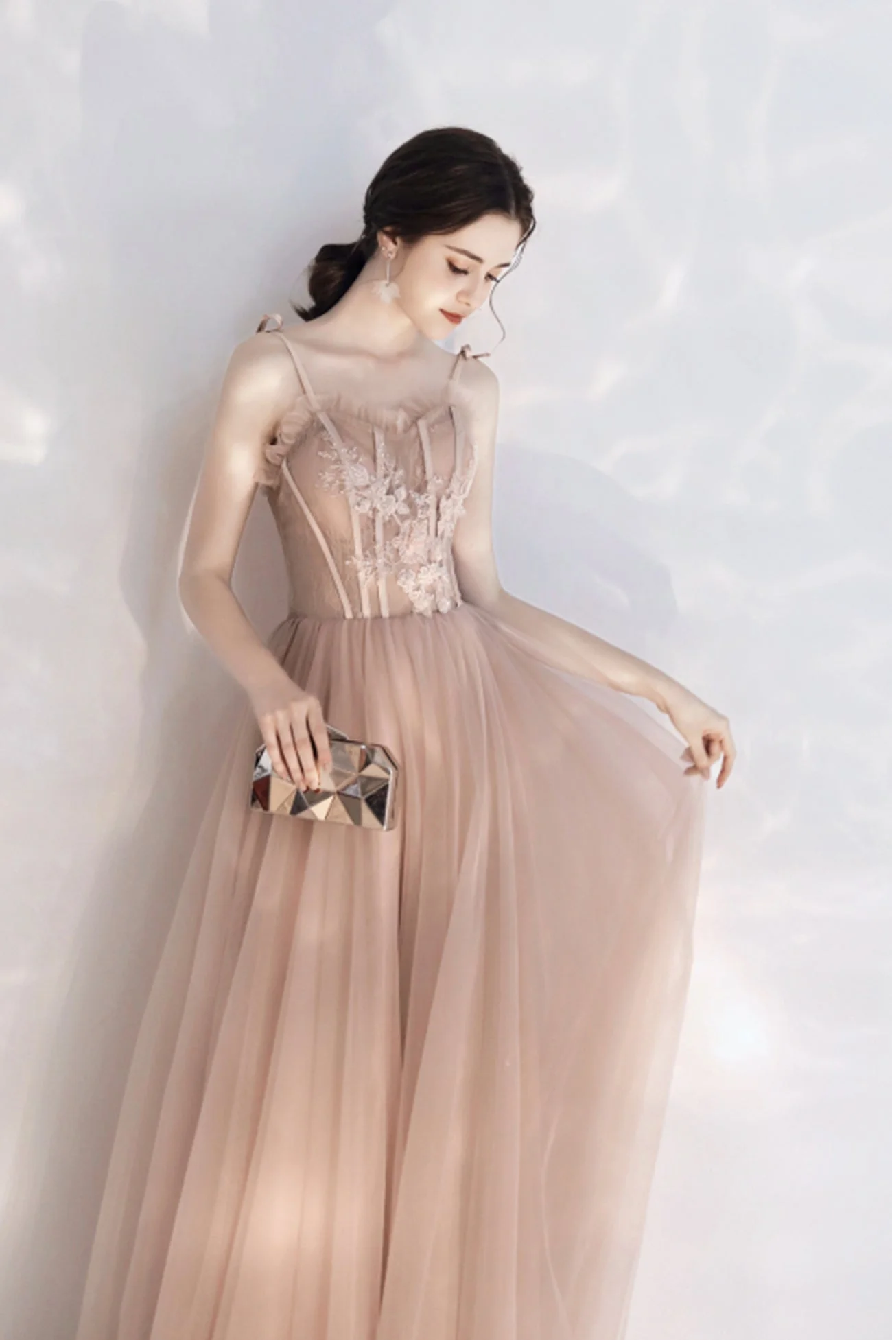 solvbao Pink Spaghetti Lace Long Prom Dresses, Cute A-Line Graduation Dresses - Deanwangkt