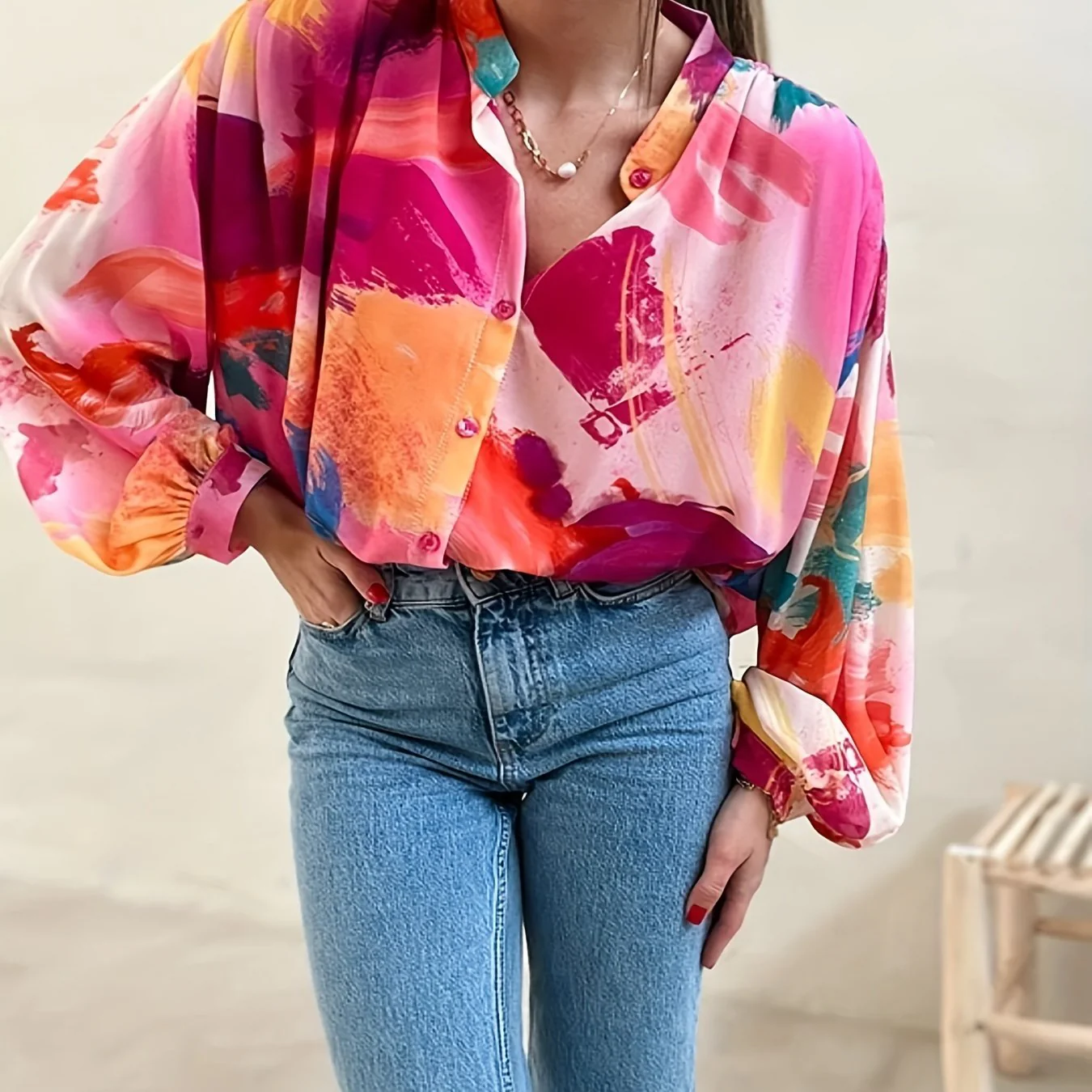 Plus Size Casual Blouse, Women's Plus Colorblock Random Print Button Up Lantern Sleeve V Neck Blouse - Deanwangkt