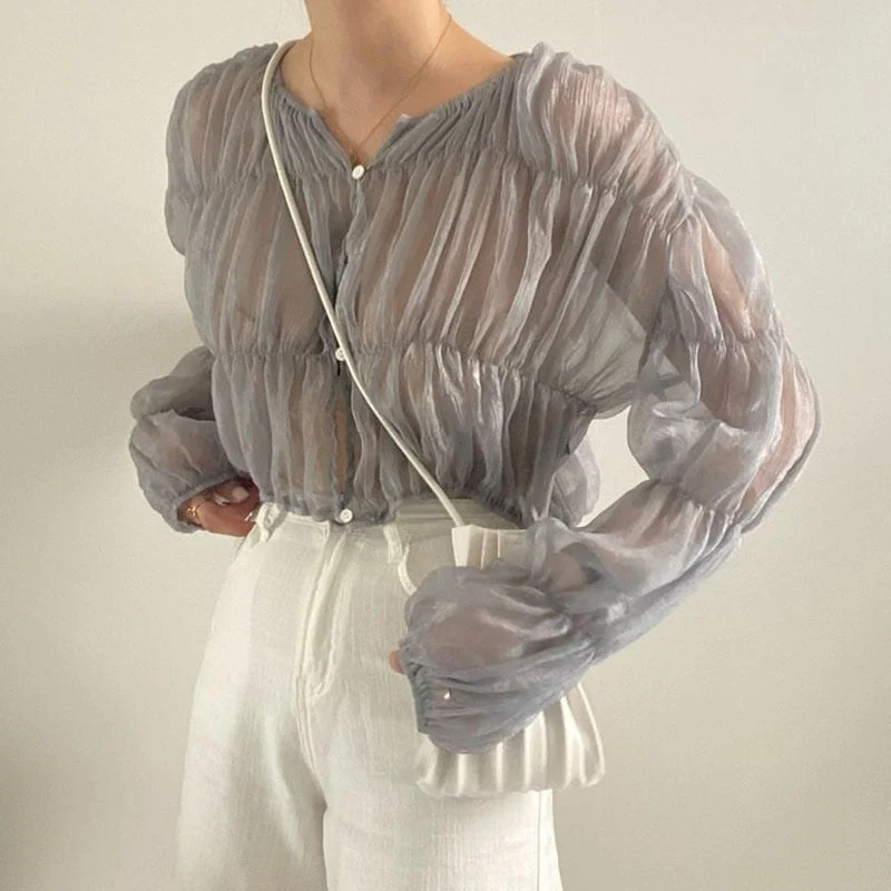 deanwangkt Korean Loose Casual Blouse Women Summer Slim Pleated Chiffon Shirt Fashion Folds Perspective Long Sleeve Tops Blusas Mujer - Deanwangkt