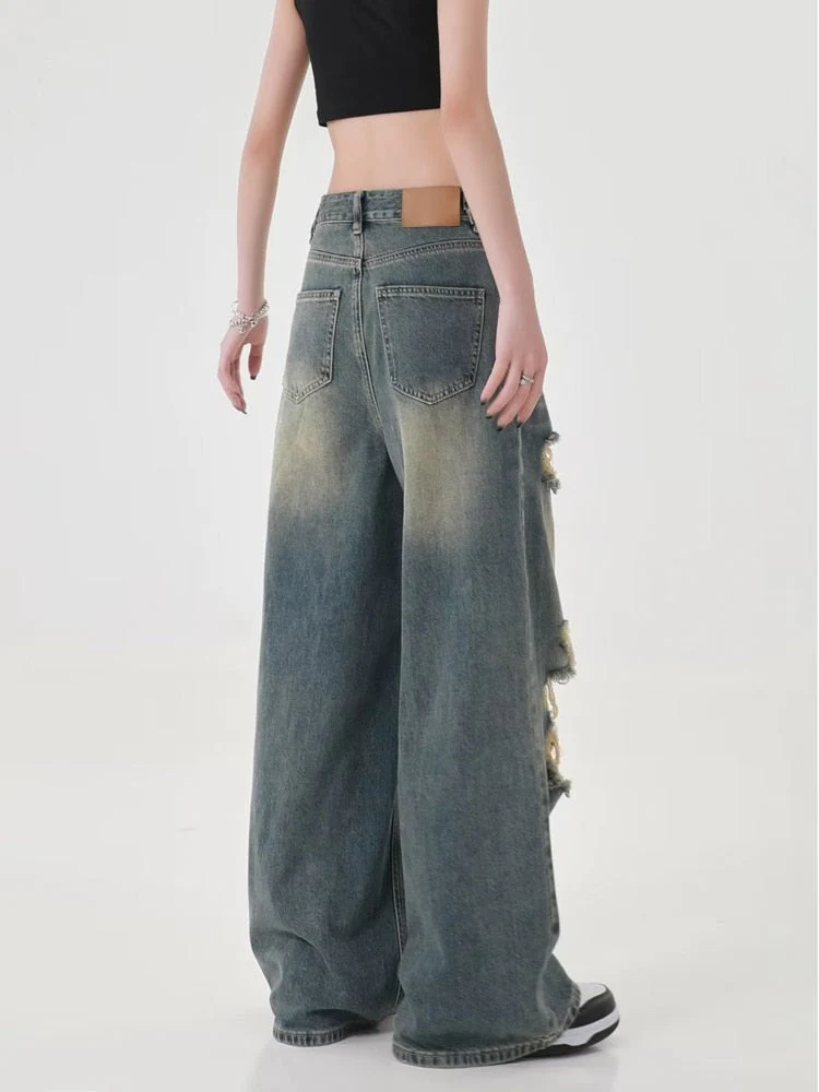 deanwangkt High Street Perforated Jeans Women's Summer New INS Fashion Brand Straight Tube Loose Sweeping Wide Leg Pants Women's Jeans - Deanwangkt
