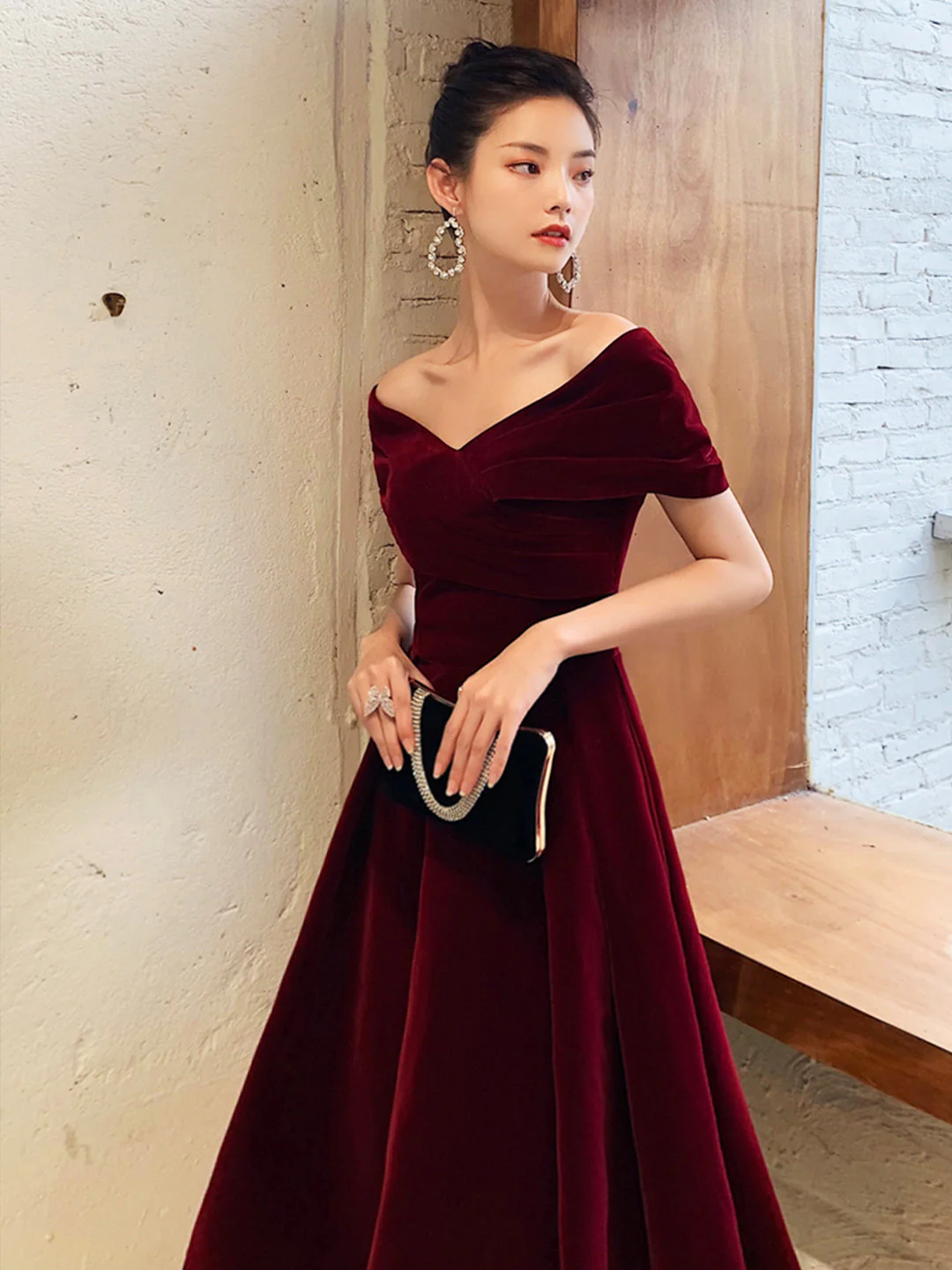 solvbao Burgundy V-Neck Velvet Long Prom Dress, Off Shoulder Evening Party Dress - Deanwangkt
