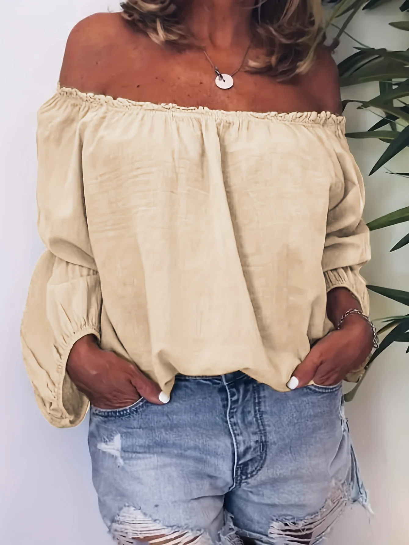 Solid Ruffle Trim Blouse, Casual Loose Long Sleeve Blouse For Spring & Fall, Women's Clothing - Deanwangkt