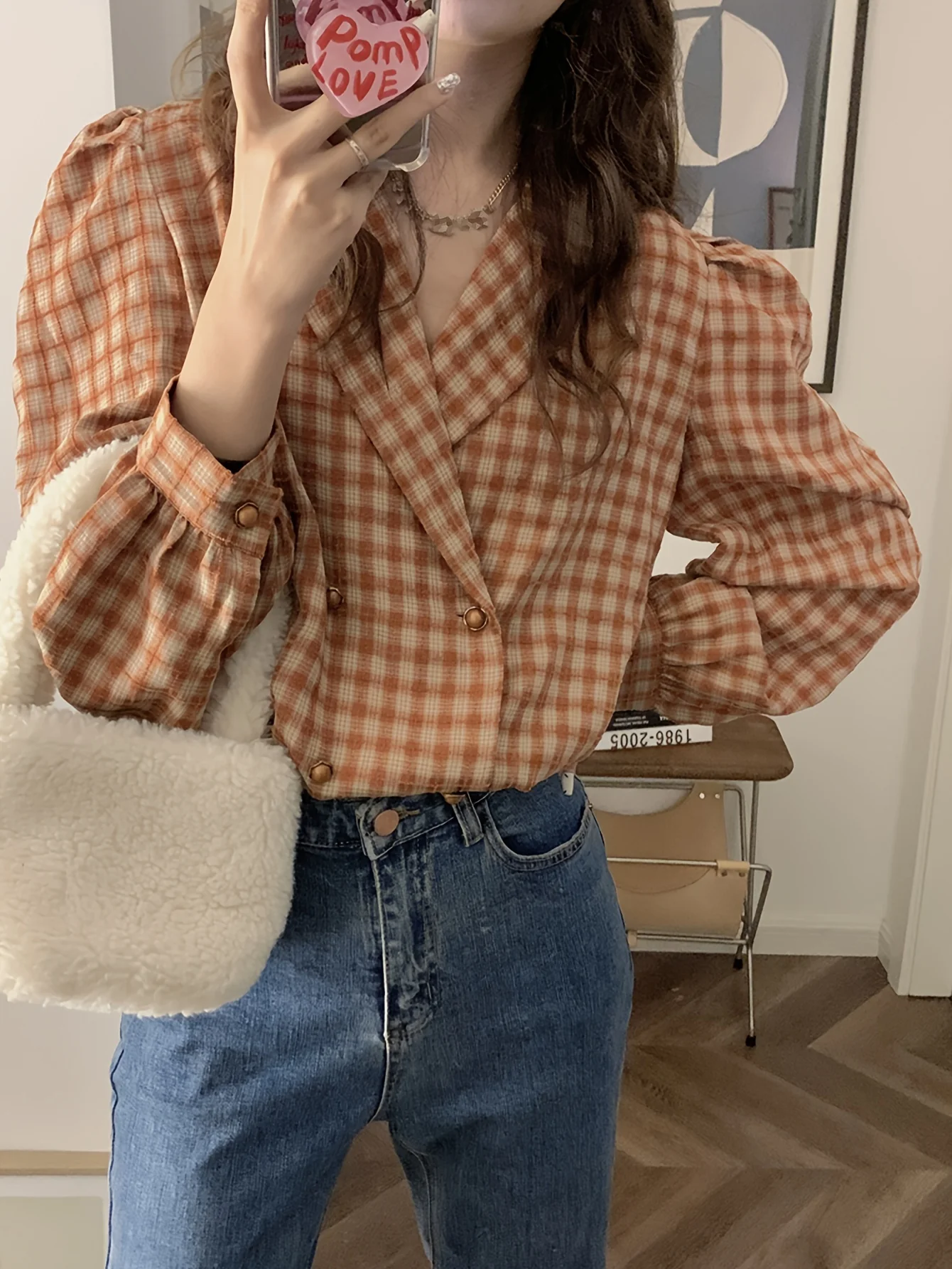 deanwangkt Plaid Print Double-breasted Blouse, Elegant Puff Sleeve Notch Collar Blouse, Women's Clothing - Deanwangkt