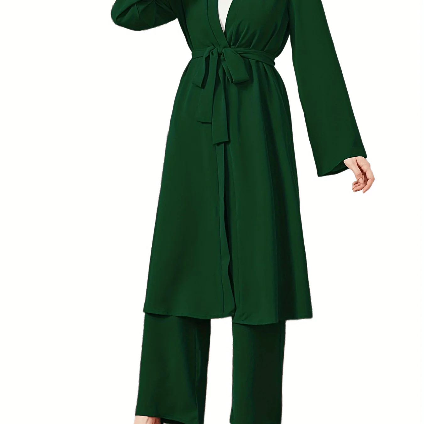 deanwangkt-1  Solid Casual Three-piece Set, Long Sleeve Open Front Cardigan & Crew Neck Tank Top & Wide Leg Pants Outfits, Women's Clothing - Deanwangkt