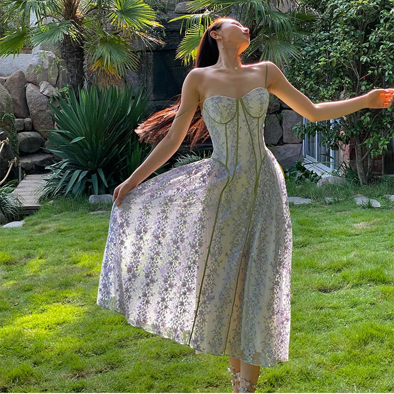 deanwangkt Fairy Dress Lace Floral Sling Dress Women's  Summer Spaghetti Strap Dress French Fairy Elegant Long Wrapped Chest Party Dresses Robe - Deanwangkt