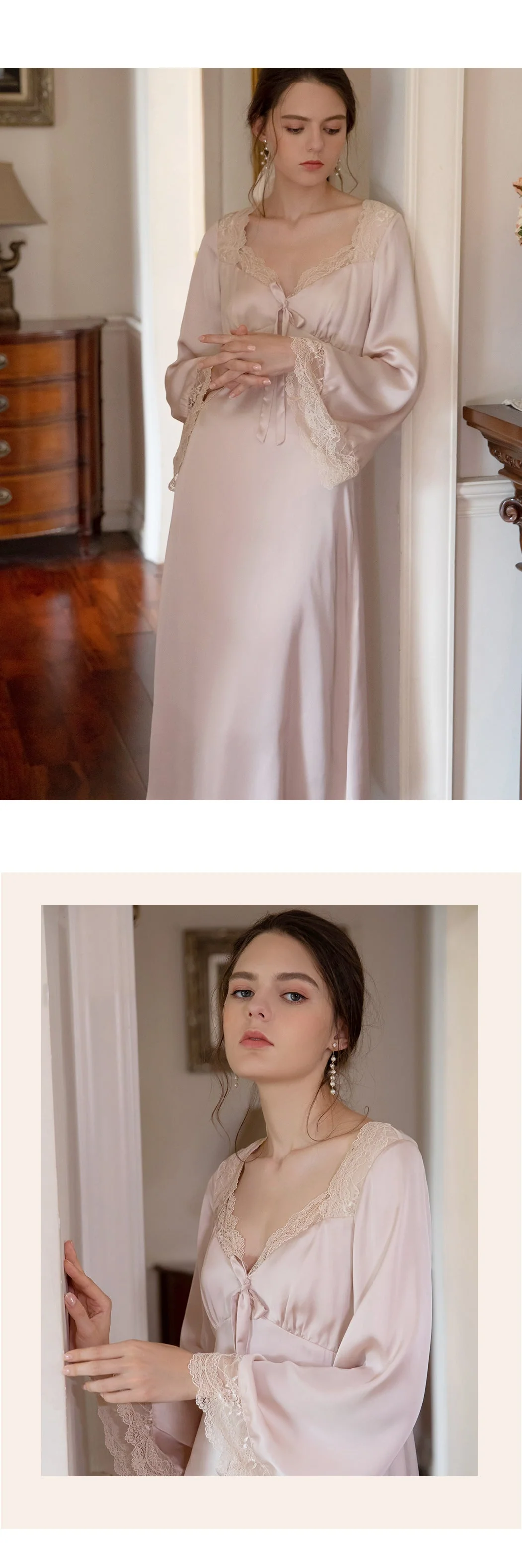 deanwangkt Romantic Nightgown Nightwear Princess Women Vintage Sleepwear Satin - Deanwangkt