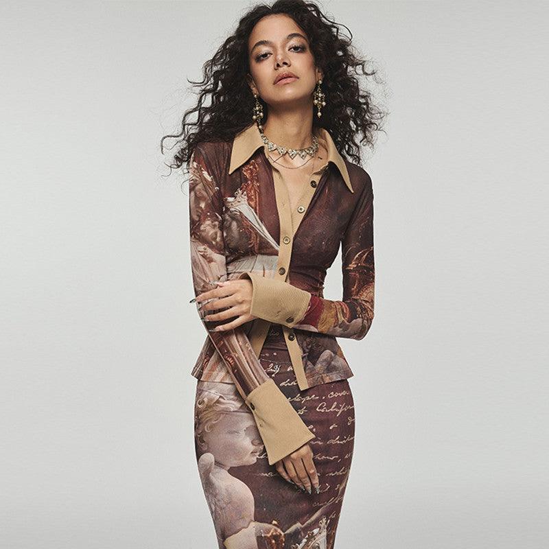 deanwangkt Mid-length Printed Mesh Pleated Waist Shirt - Deanwangkt