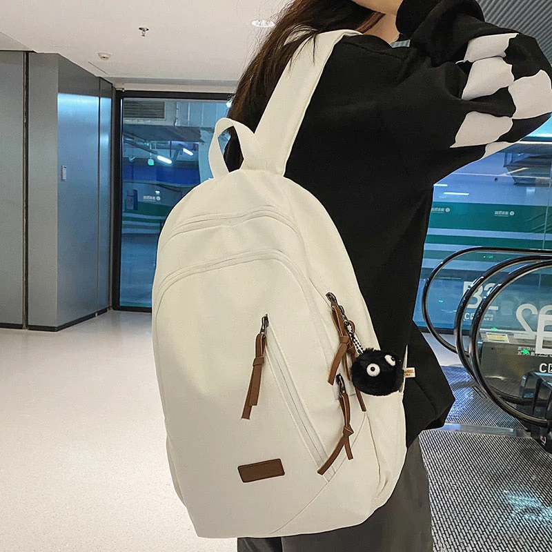 Canvas Women Backpack Female Travel Bag Backpacks Schoolbag For Teenage Girl Solid Color Multi Pocket Backpack Schoolbag - Deanwangkt