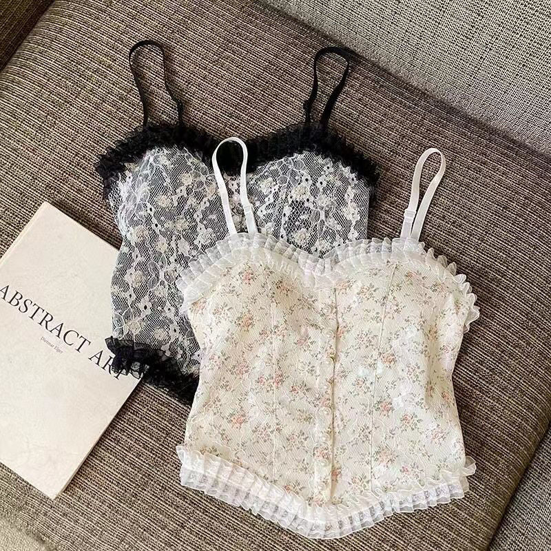 deanwangkt Women Vintage Camisole Summer Floral Chic Korean Girls Single-breasted Pearl Button Lace Crop Top Camisoles For Women Streetwear - Deanwangkt