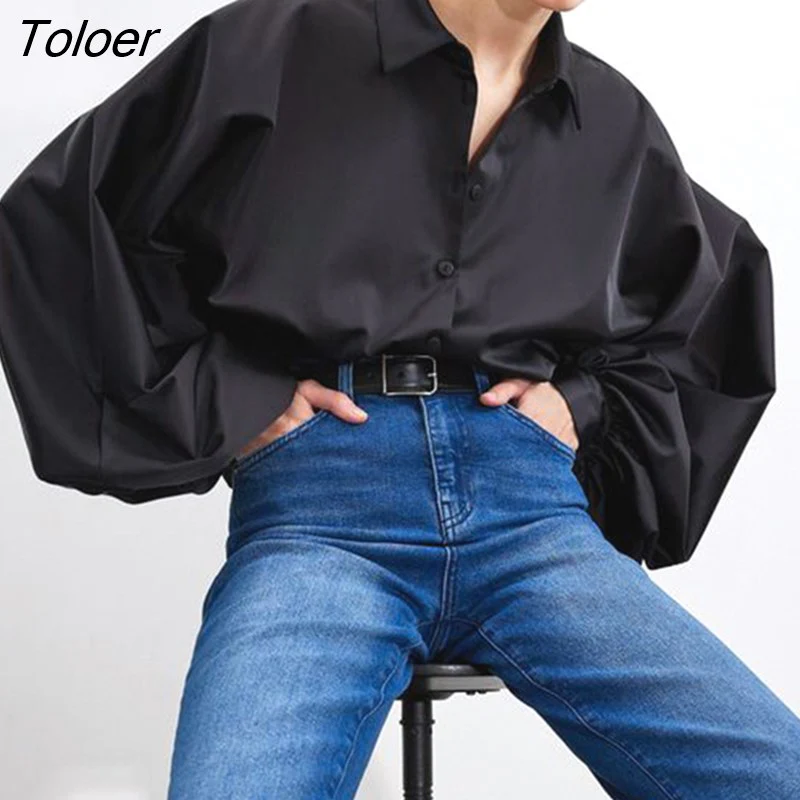 deanwangkt Office Lady Satin Lantern Sleeve Women's Blouse Spring Lapel Loose Elegant Shirt All-Match Casual Button Up Top Women - Deanwangkt