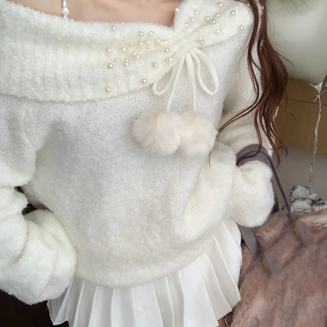 deanwangkt Asymmetric Shoulder Chain Strap Sweater, Chic Long Sleeve Beaded Sweater For Fall & Winter, Women's Clothing - Deanwangkt