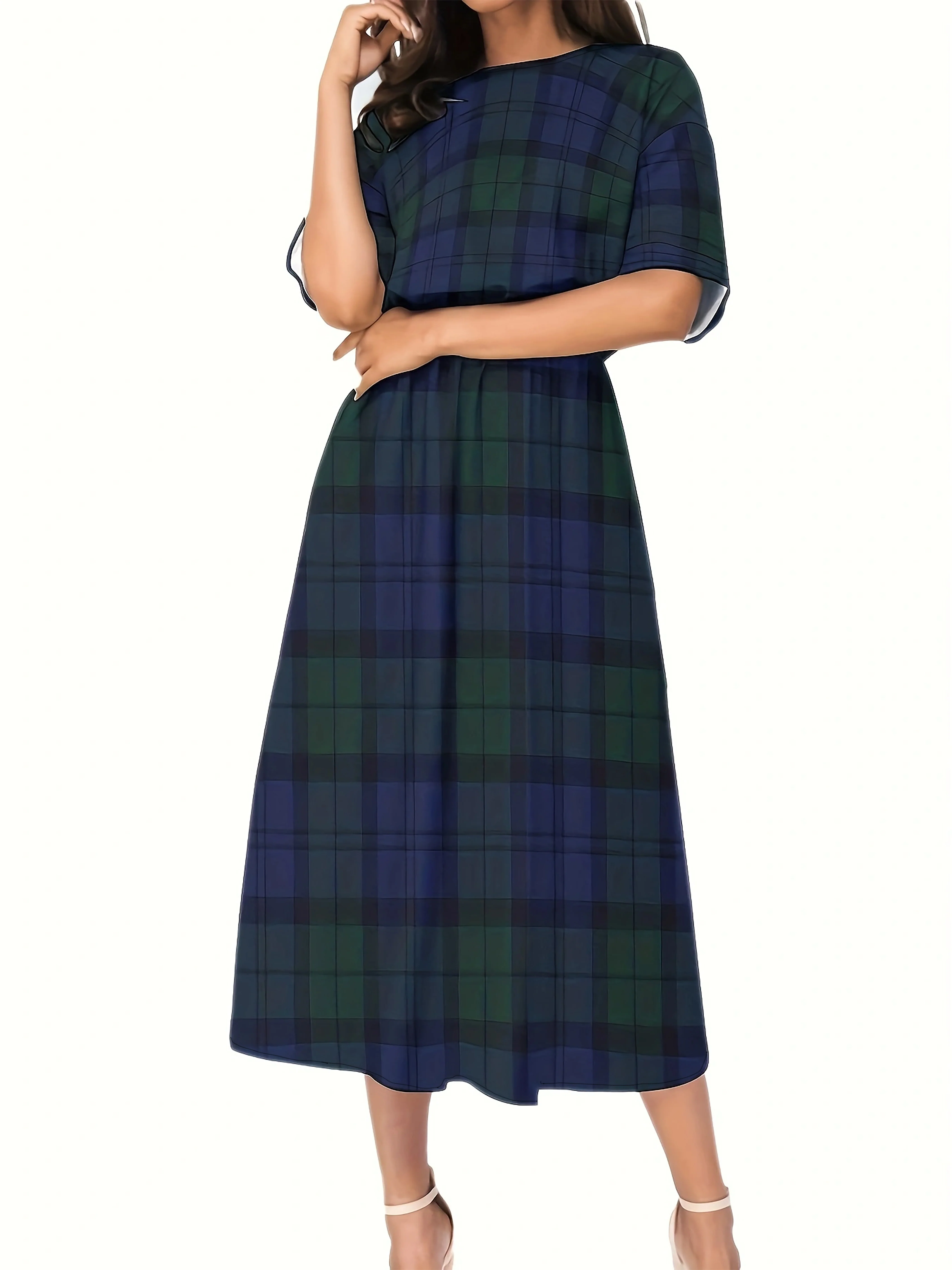 deanwangkt-1  Plaid Print Midi Dress, Elegant Crew Neck Half Sleeve Dress, Women's Clothing - Deanwangkt