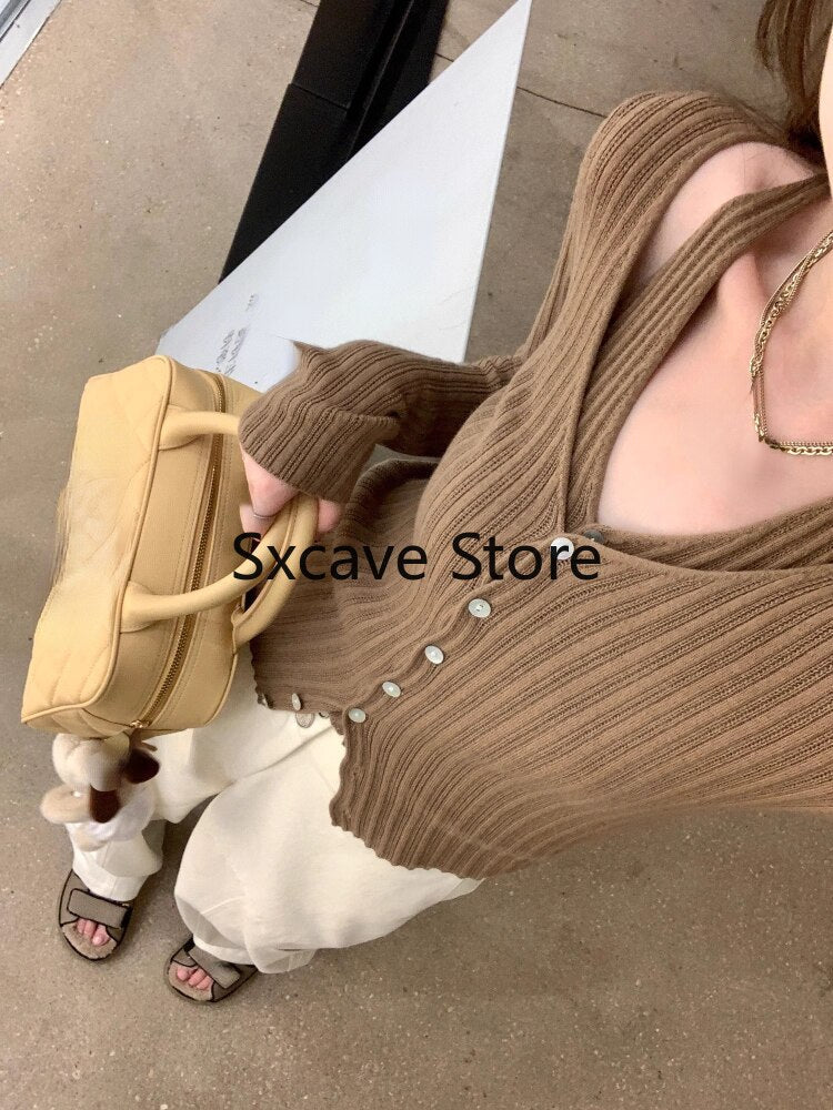 deanwangkt  Autumn V-Neck Knitted Cardigan Women Pure Color Casual Long Sleeve Slim Sweater Office Lady Y2k Crop Tops Female Korean - Deanwangkt