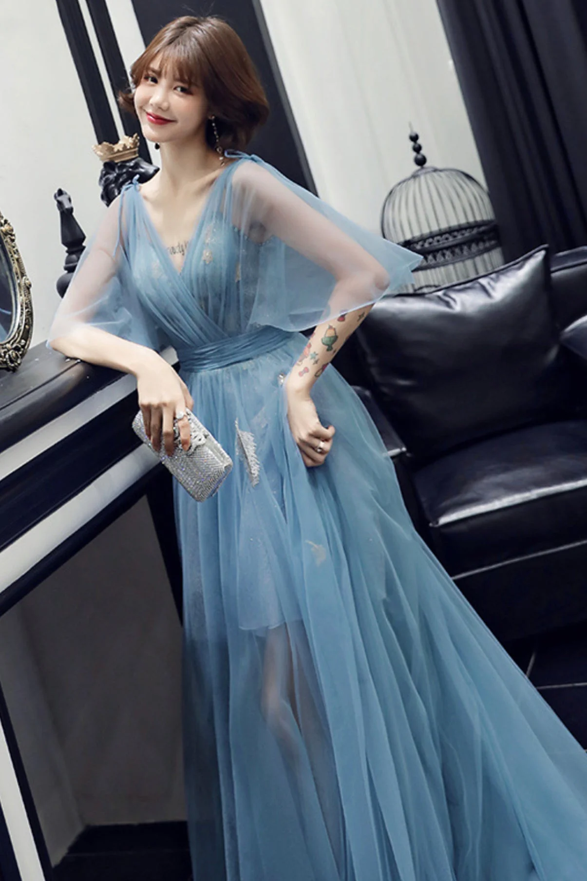 solvbao Blue V-Neck Tulle Long Prom Dreses, A-Line Evening Dresses - Deanwangkt