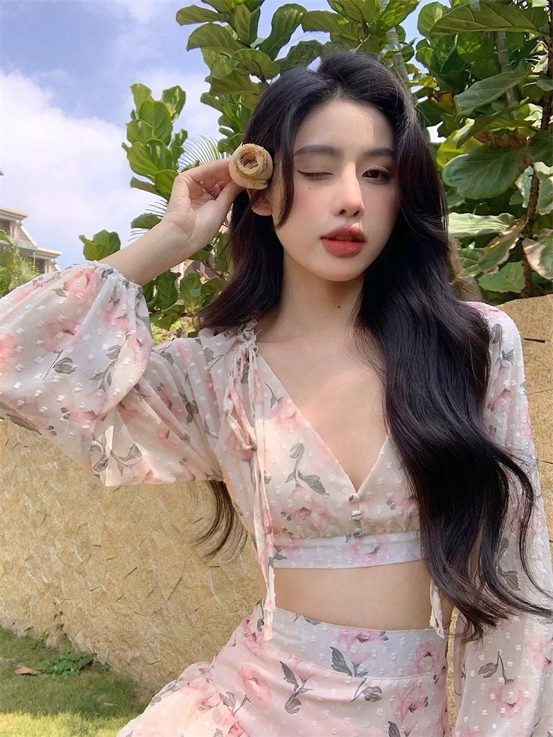 deanwangkt Spring Summer Sweet Two Piece Set Sexy Backless Shirt Crop Top + Cake Skirt Suits Floral Chiffon Boho Beach Outfits  Fairy Dress  For Women - Deanwangkt