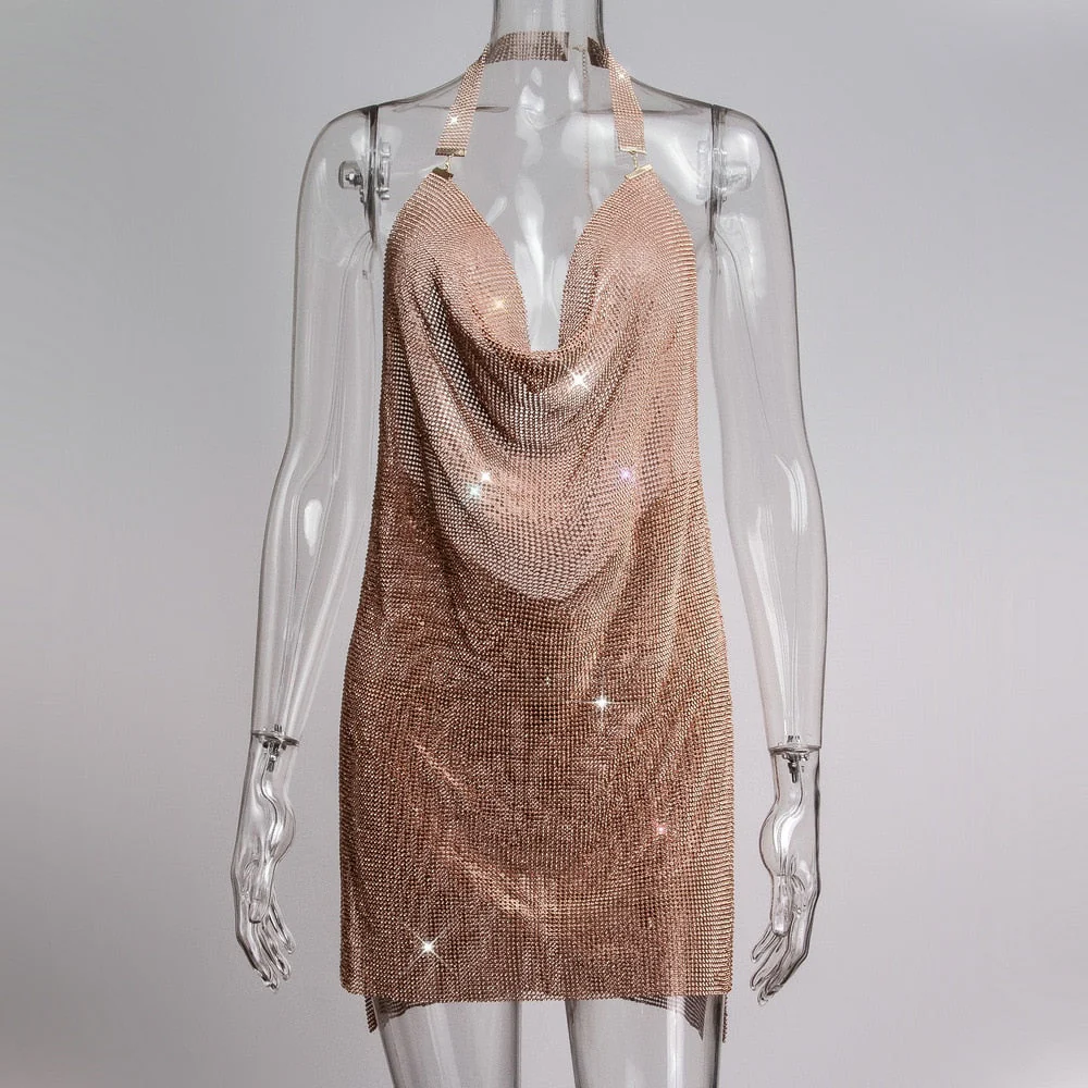 deanwangkt  Glitter Rhinestone Dress Female Dress Y2k Metal Chain Sexy Backless Mini Dress Women Party Club Dress Summer Christmas - Deanwangkt