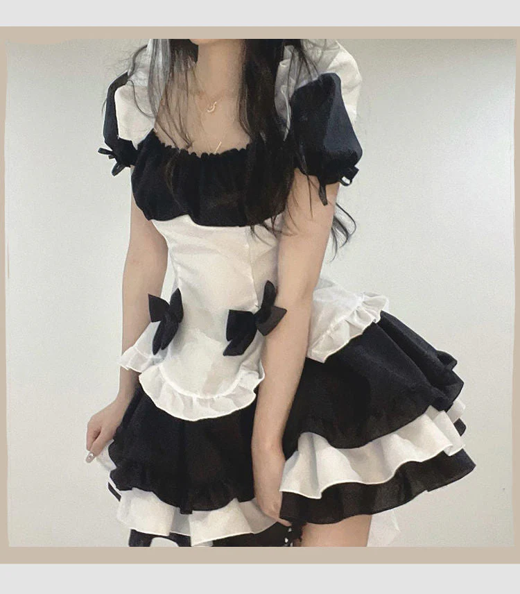 deanwangkt Lolita Dress Black White Kawaii Maid Mini Dresses Summer French Cute Bowknot Cosplay Costume Waitress Party Outfits - Deanwangkt