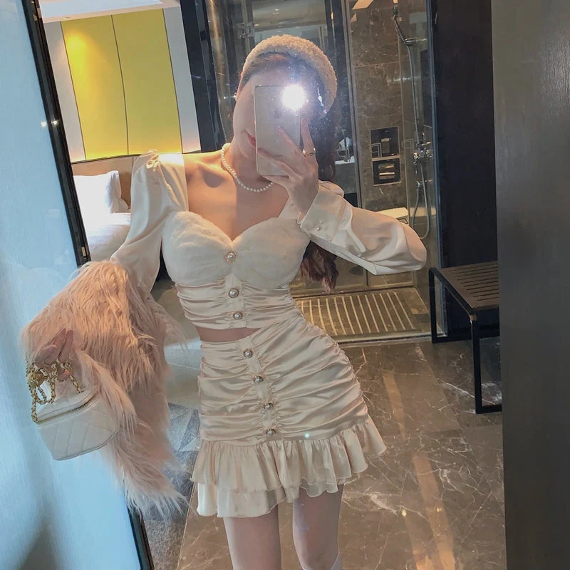 Fall Korean Sweet Two Piece Set Women Sexy Mink Velvet Patchwork Crop Top + Bodycon Skirts Sets Super-Short Shirt 2 Piece Suits  Fairy Dress - Deanwangkt