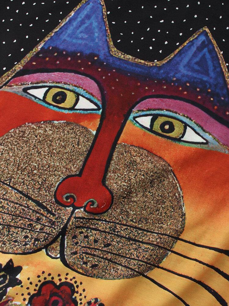 deanwangkt Women Cartoon Cat Spot Print Round Neck Casual Raglan Sleeve Blouses - Deanwangkt