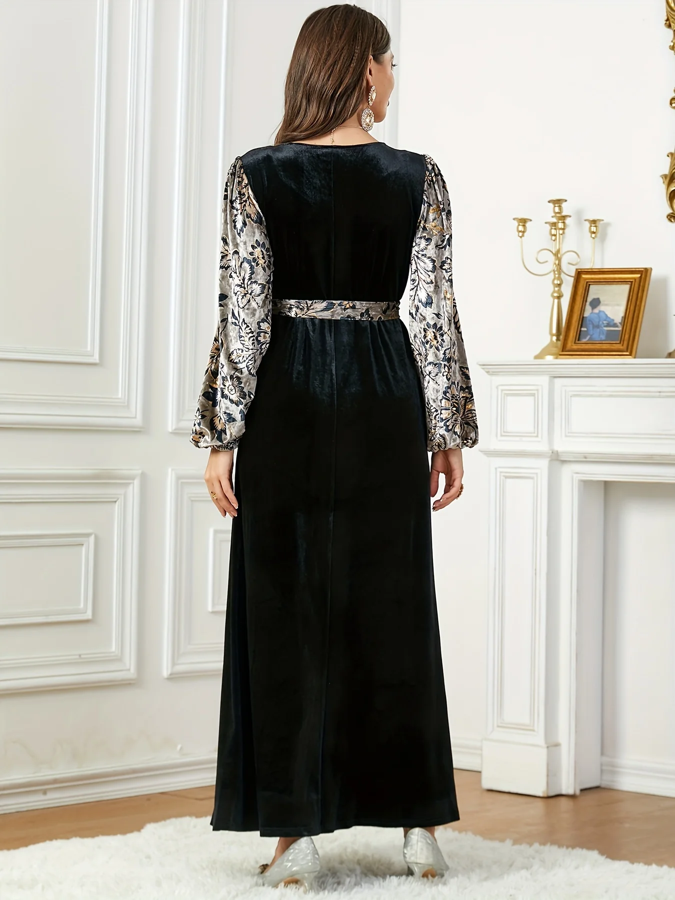 Floral Pattern Maxi Kaftan Dress, Elegant V Neck Lantern Sleeve Dress, Women's Clothing - Deanwangkt