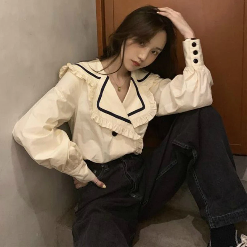 deanwangkt Shirts Womens Spring Autumn Elegant Ruffles Sailor Collar Casual Blouses Ladies Kawaii Korean Style Harajuku Female Tops Trendy - Deanwangkt