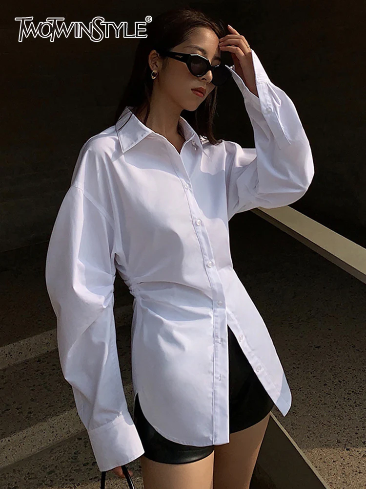 deanwangkt White Slim Shirt For Women Lapel Long Sleeve Solid Minimalist Button Through Blouse Female Spring Clothing  New - Deanwangkt