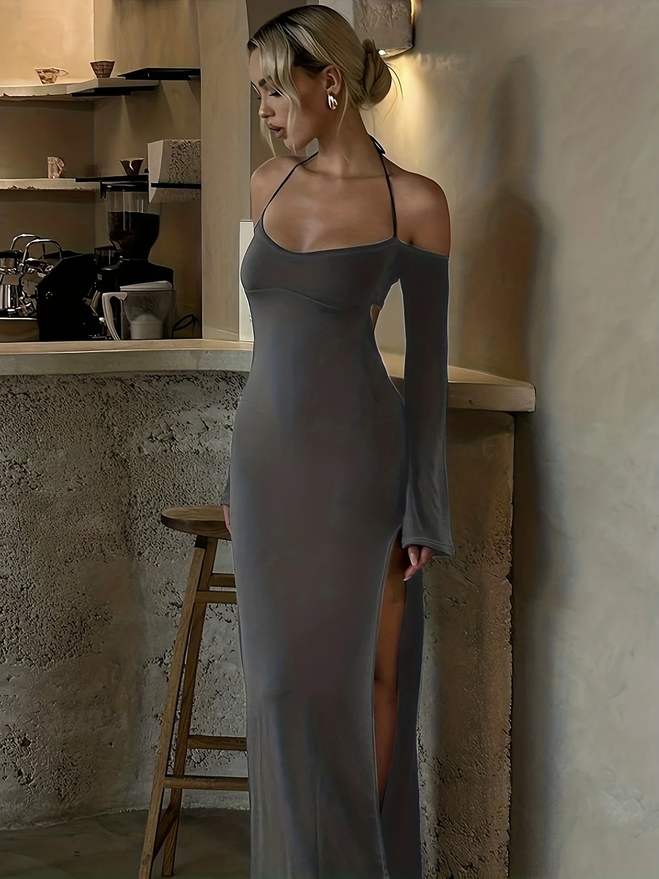 Halter Neck Backless Dress, Party Wear Split Thigh Long Sleeve Solid Dress, Women's Clothing - Deanwangkt