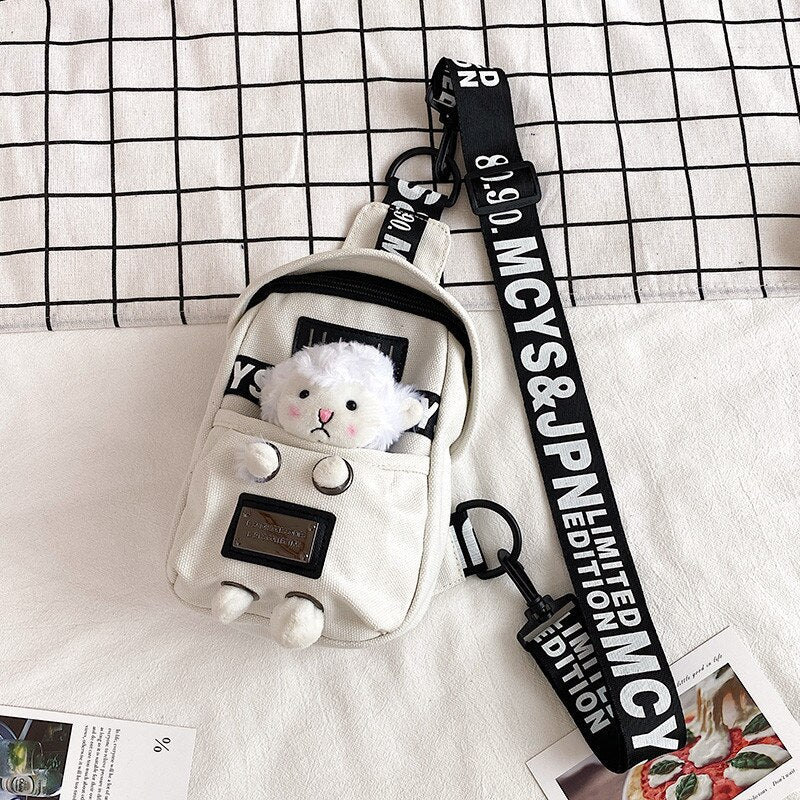 deanwangkt Cute Plush Toy Inside Chest Bag For Women Casual Canvas Bag Women Crossbody Bags Letter Print Strap Shoulder Bag Women Bolso Sac - Deanwangkt