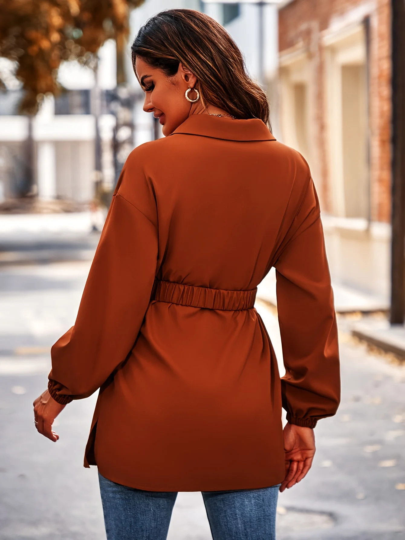 Solid Button Front Shirt, Elegant Long Sleeve Belted Lapel Shirt, Women's Clothing - Deanwangkt