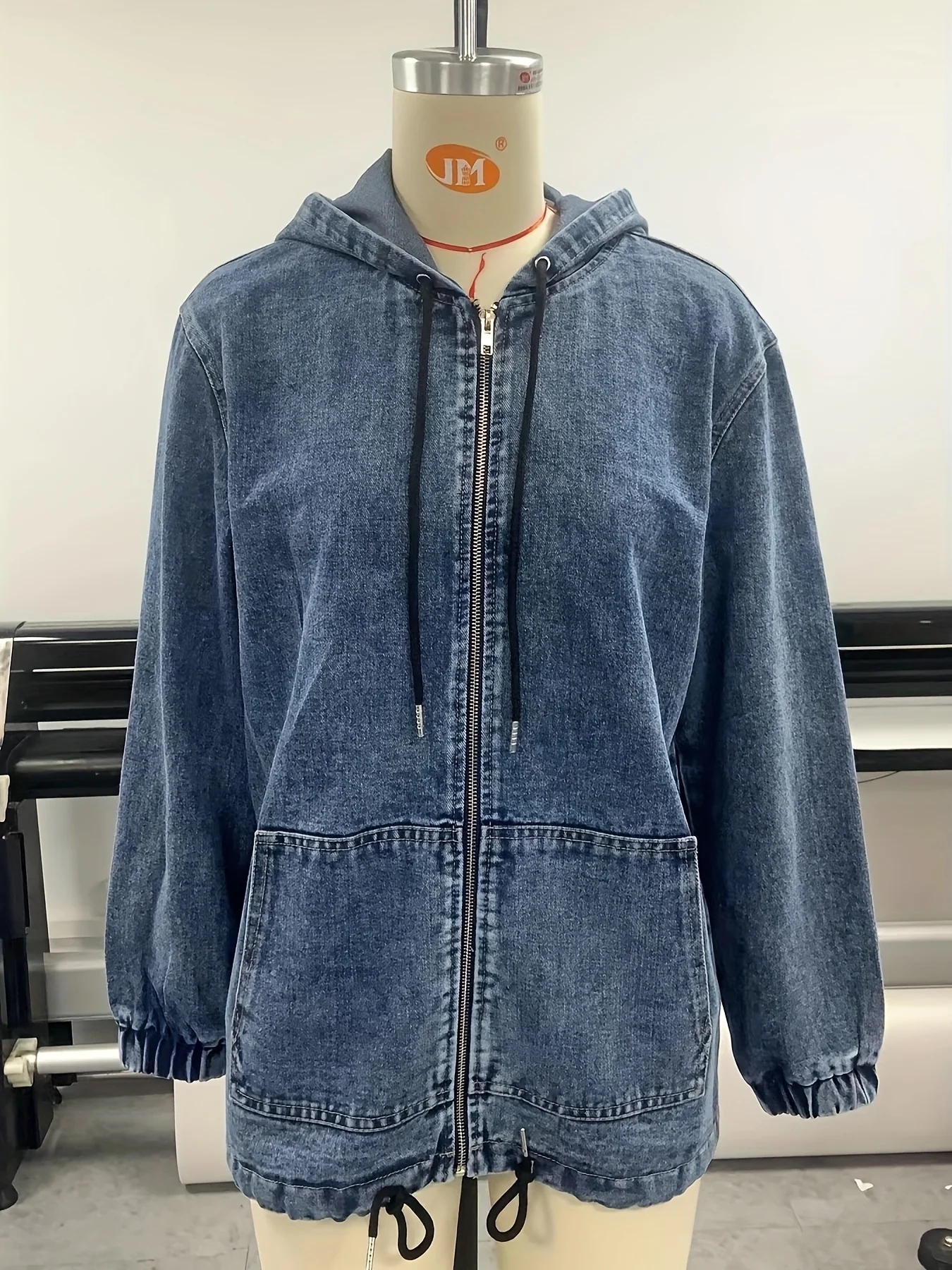 deanwangkt  Zip Front Hooded Denim Jackets, Long Sleeves Elastic Sleeves Drop Shoulder Denim Coats, Women's Denim Clothing - Deanwangkt