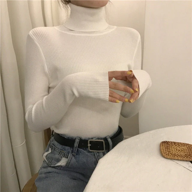 deanwangkt Turtleneck Pullovers Sweaters Women  Autumn Winter Primer Shirt Long Sleeve Short Slim-fit tight Jumper Tops Solid - Deanwangkt