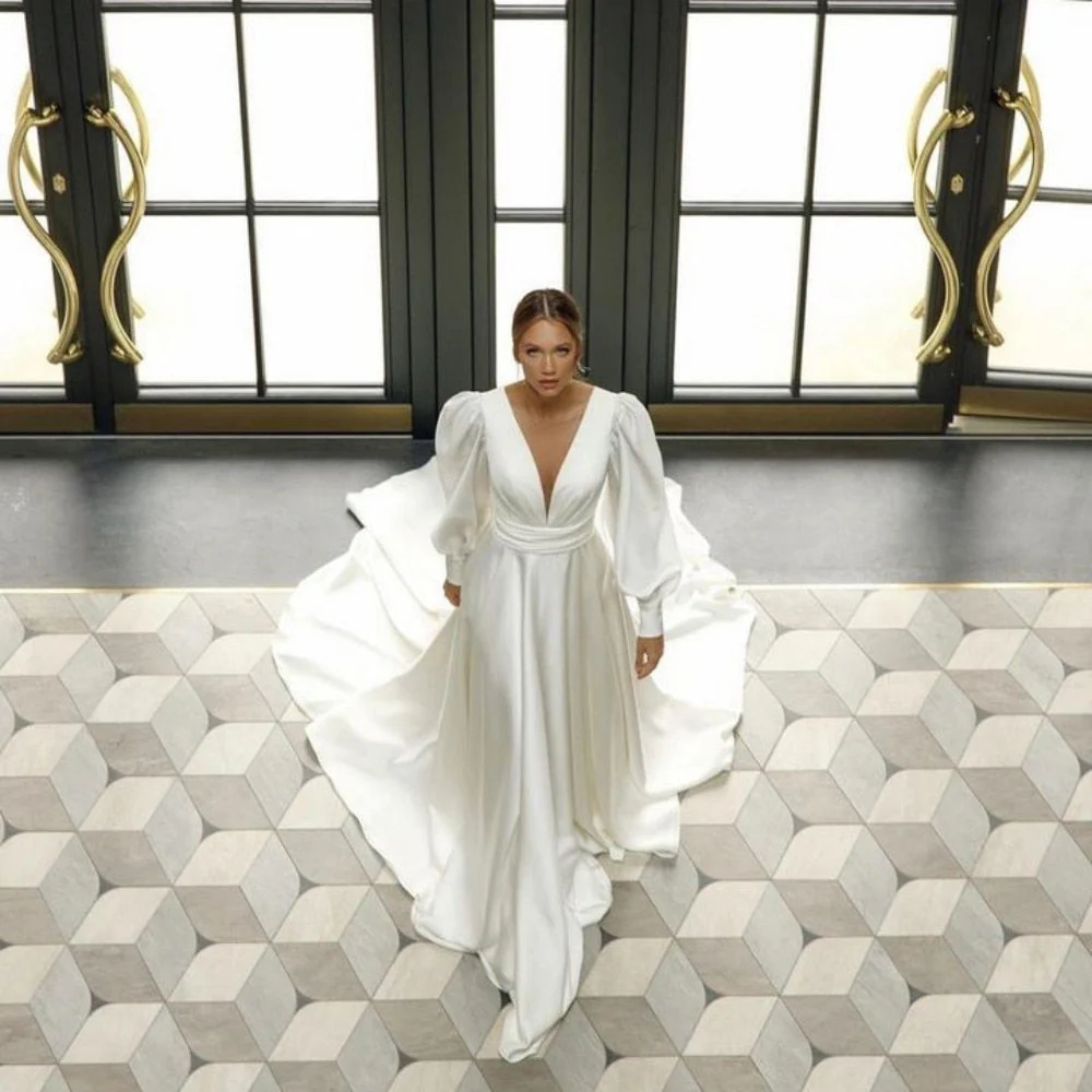 Joskaa Elegant Chiffon Wedding Dress  Simple V-Neck Long Puff Sleeves White Bride Gowns For Women Modern Dress - Deanwangkt