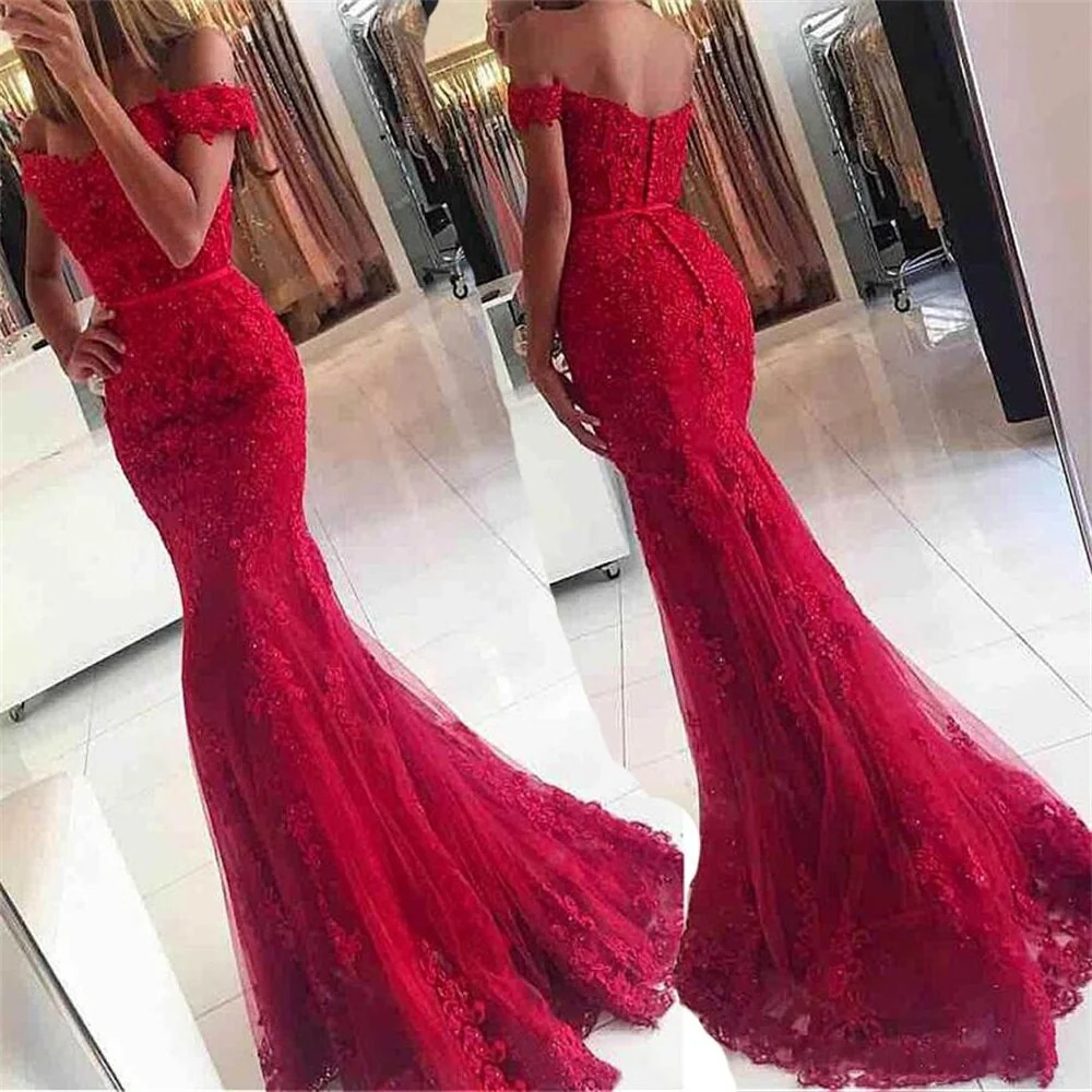 DEANWANGKT  Mermaid Off The Shoulder Long Prom Dress Sweetheart Lace Appliques Sequined Women Evening Party Gowns  Vestidos De Fiesta - Deanwangkt