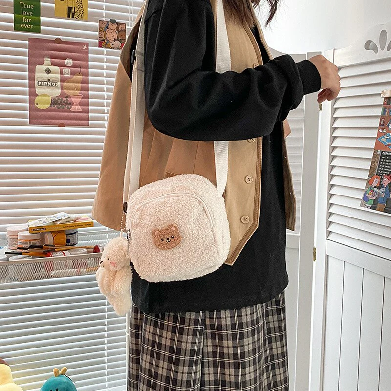 deanwangkt  Japanese Style Imitation Lamb Hair Bag For Women  Fashion Plush Small Crossbody Bags Flap Shoulder Bag Women Phone Bag Bolsa - Deanwangkt