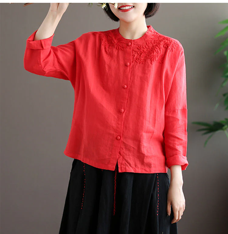 deanwangkt Shirts Women Long sleeve Linen Button Up Shirt Cotton Embroidery Vintage 4XL Plus Size Ladies Tops Blouse O neck Casual White - Deanwangkt