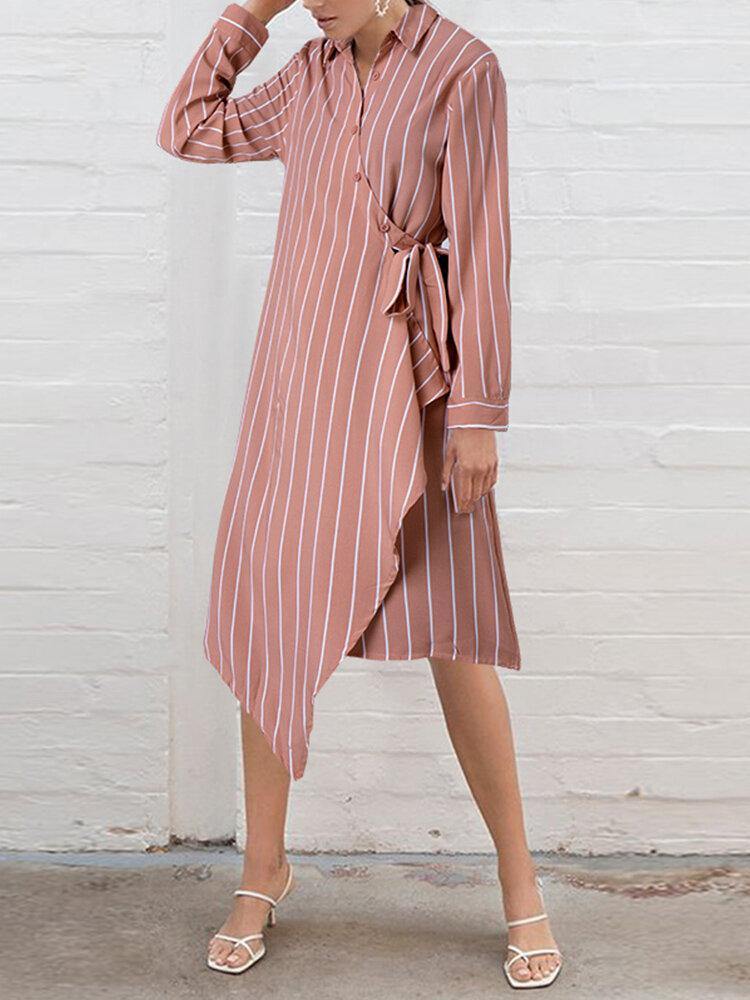 deanwangkt Women Striped Irregular Wrap Tie Side Stylish Long Sleeve Midi Dresses - Deanwangkt
