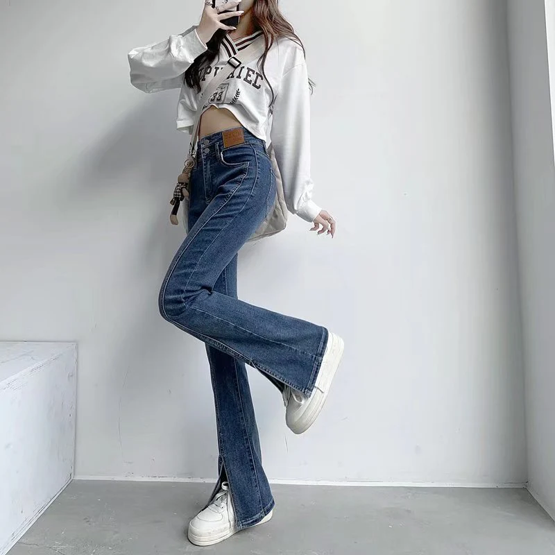 deanwangkt Split Jeans Women's Spring And Autumn New High-waisted Slim Fit Slim Wide-legged Micro-trumpet Mopping Pants Trendy Ins - Deanwangkt