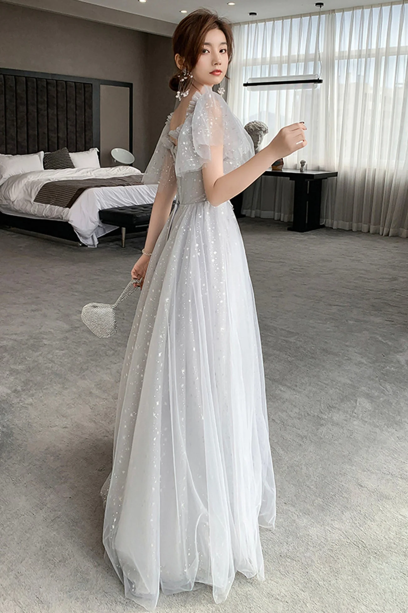 solvbao Gray Tulle Lace Long Prom Dresses, A-Line Evening Dresses - Deanwangkt