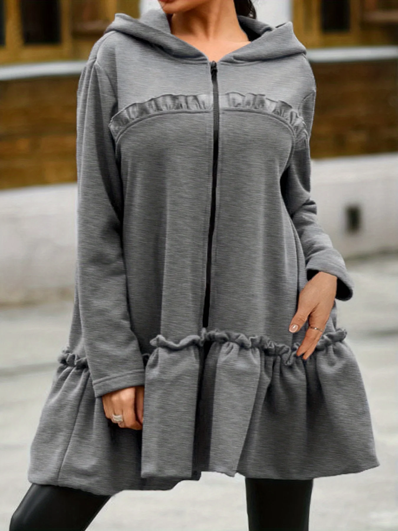 Flared Ruffle Trim Hoodies, Casual Zip Up Long Sleeve Solid Sweatshirt, Women's Clothing - Deanwangkt