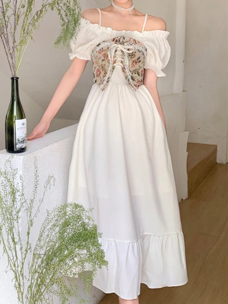 Joskka Summer Sweet Strap Dress Women Chiffon Ruffle Flounce Elegant Midi Dress Female Korean Fashion Vintage Bustiers+cute Dress - Deanwangkt