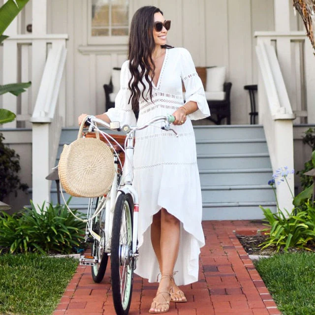 deanwangkt Crochet White Knitted Beach Cover up dress Tunic Long Pareos Bikinis Cover ups Swim Cover up Robe Plage Beachwear - Deanwangkt