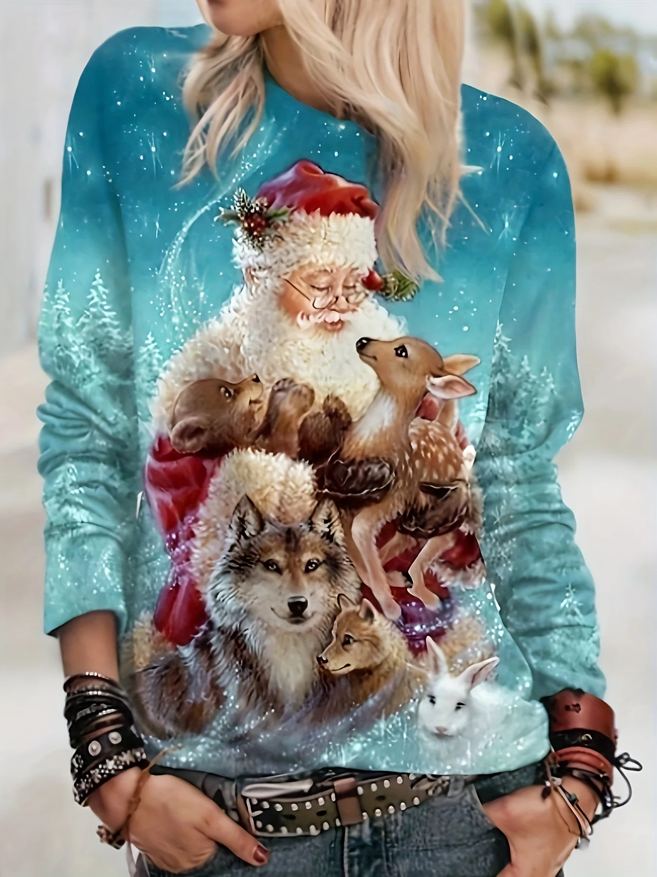 deanwangkt-1 Christmas Santa & Elk Print Crew Neck T-Shirt, Casual Long Sleeve Top For Spring & Fall, Women's Clothing - Deanwangkt